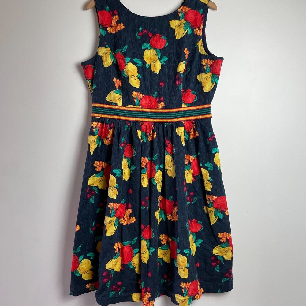 Eva Mendes Fit Flare Dress sz 16 Navy Lemon Tomato Girl Summer Retro Fruit Print - Picture 2 of 10